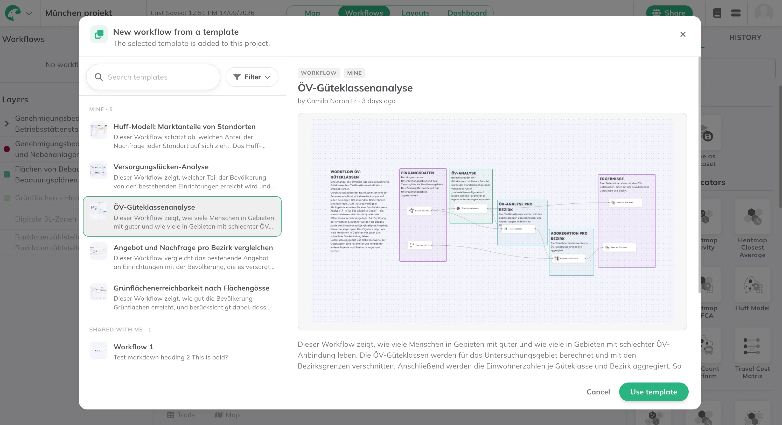 Der Dialog „New workflow from a template“ in GOAT, die Vorlage ÖV-Güteklassenanalyse ist
ausgewählt und ihr Diagramm daneben zu
sehen