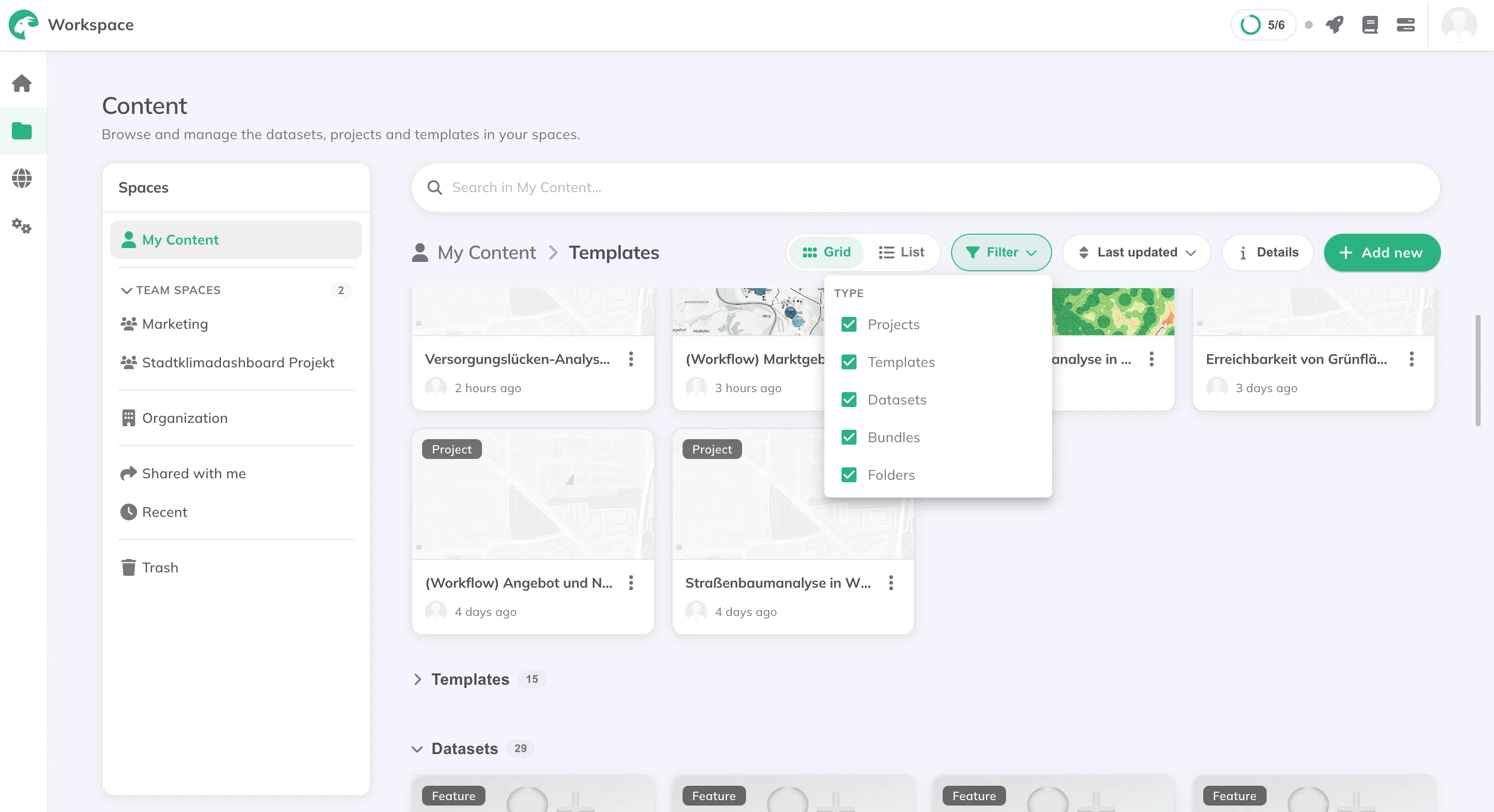 Der Content-Bereich im GOAT-Workspace: Projekte, Vorlagen und Datensätze in einer
Ansicht, der Typfilter ist geöffnet