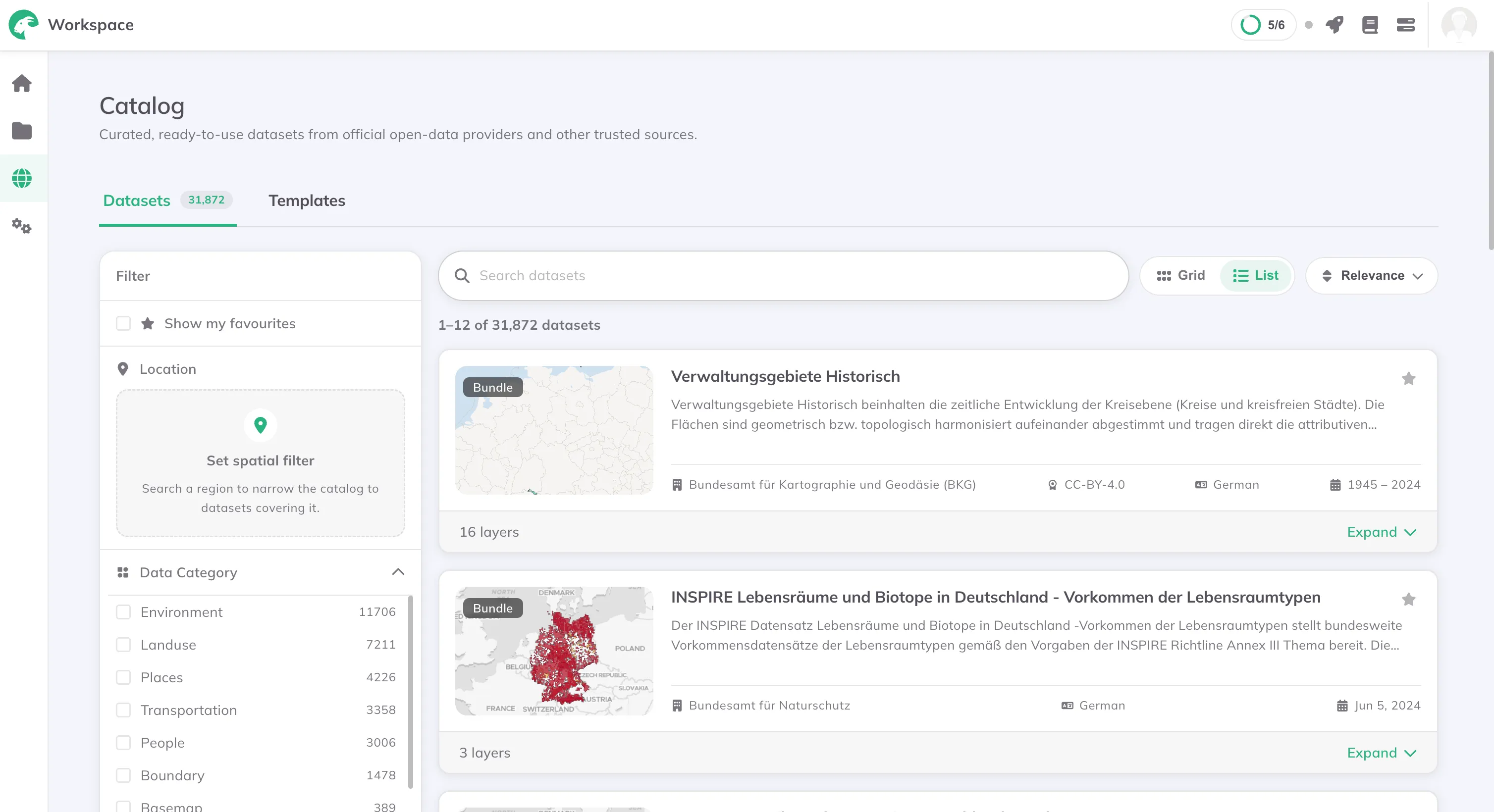 Der Katalog in GOAT mit 31.872 Datensätzen, links die Filter für Ort, Datenkategorie und
Datentyp