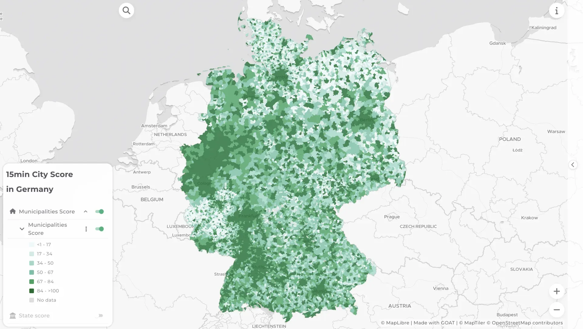 A map-based dashboard in GOAT showing the 15-minute city score for municipalities in Germany