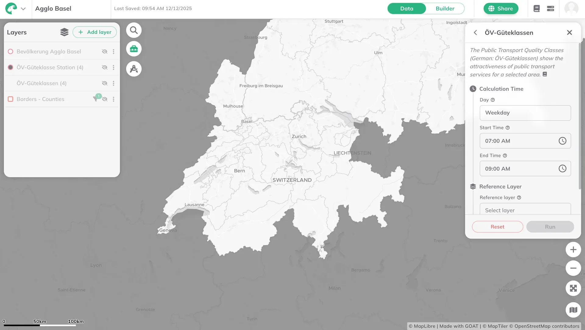 The public transport quality classes tool in GOAT, opened over the map of the Basel agglomeration