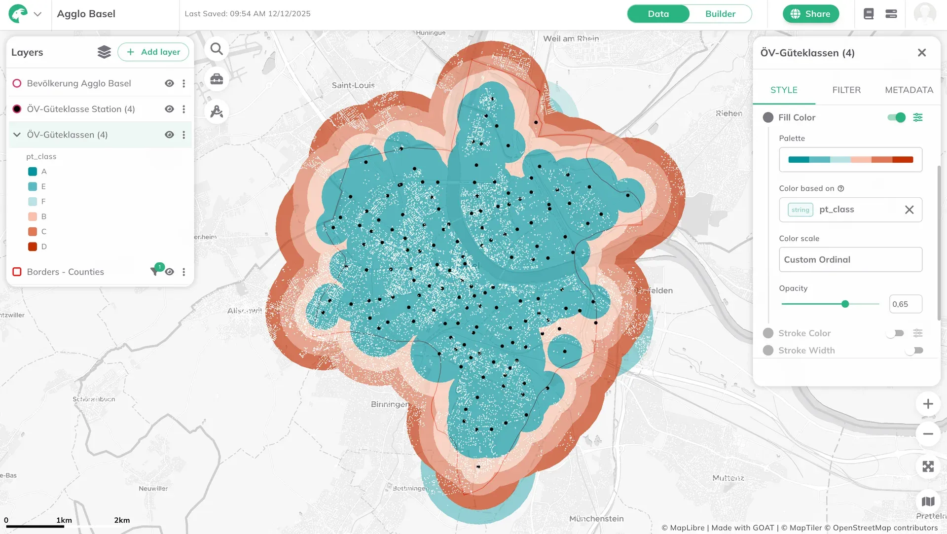 The calculated public transport quality classes around Basel, in colour steps from turquoise to red
