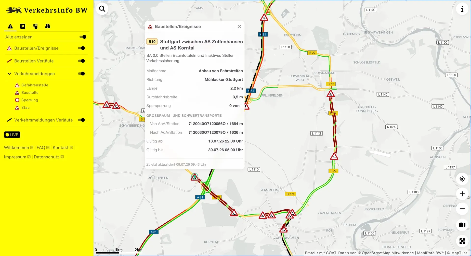 Eine Baustelle auf der B10 bei Stuttgart mit Maßnahme, Richtung, Länge und Gültigkeit
