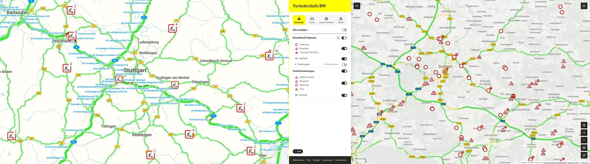 Zwei Karten der Region Stuttgart nebeneinander: die bisherige Website mit Baustellenzeichen auf einer schlichten Straßenkarte, und die aktuelle VerkehrsInfo BW mit weißer Seitenleiste unter gelbem Kopf und farbig dargestellter Verkehrslage auf allen Straßen
