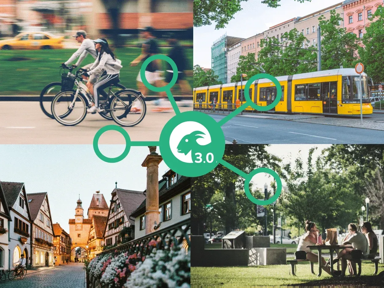 Collage including two people biking, a tram, a street view of a German old town, and
citizens picnicing in a park at a
table