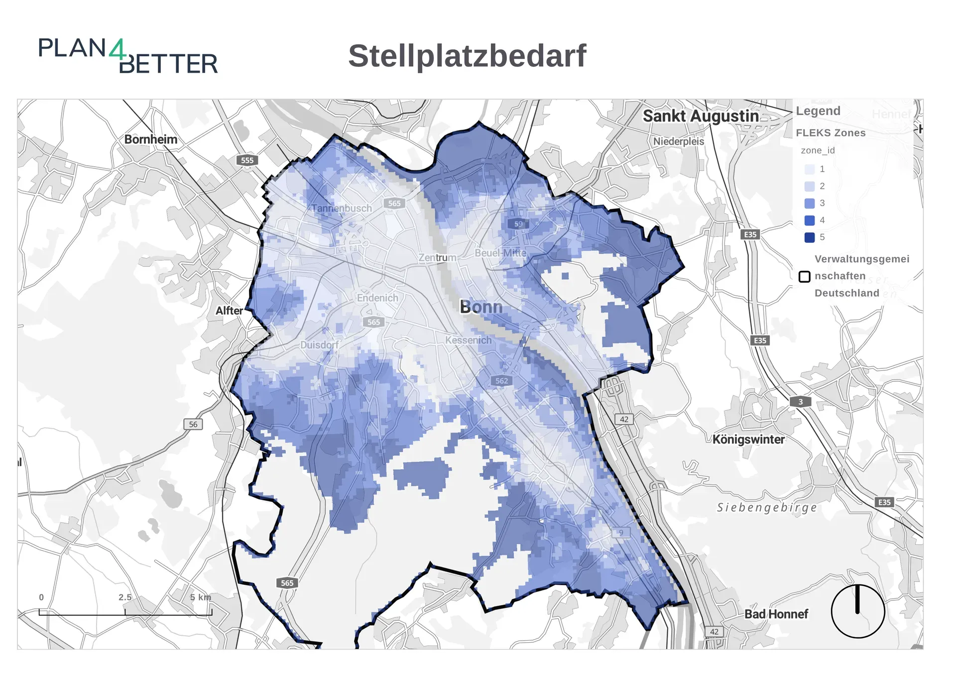 Karte von Bonn, eingeteilt in Stellplatzzonen.