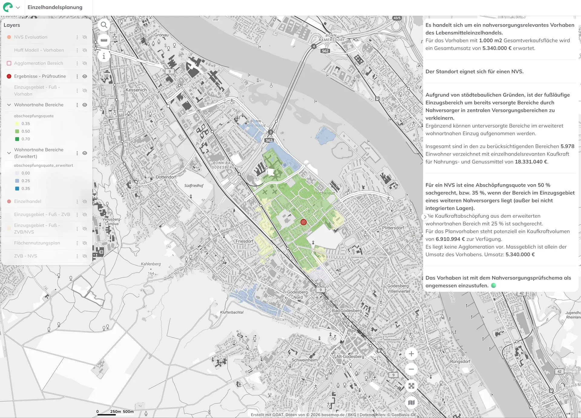 A local supply check in GOAT for the City of Bonn: the catchment area of a planned store next to the assessment