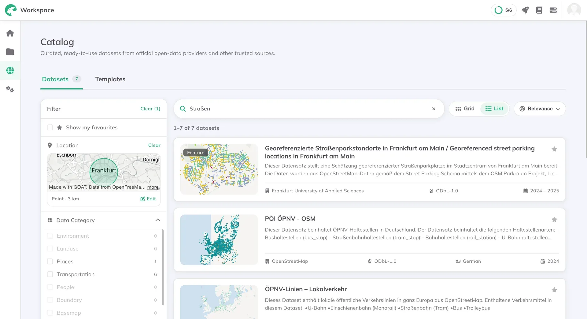 Der Katalog im Workspace von GOAT bei der Suche nach Straßen rund um Frankfurt, neben den Ergebnissen die Filter für Favoriten, Standort und Datenkategorie