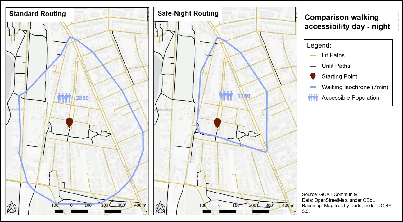 map of comparing the walking accessibility at day and night
time