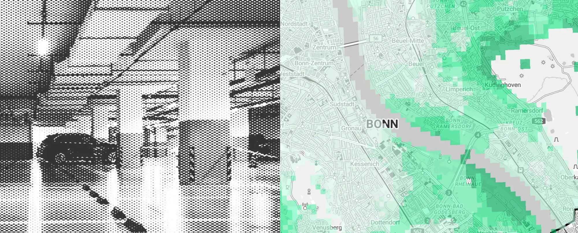 Links ein gerastertes Foto eines Autos in einer Tiefgarage, rechts eine Karte von Bonn, nach modelliertem Stellplatzbedarf grün eingefärbt