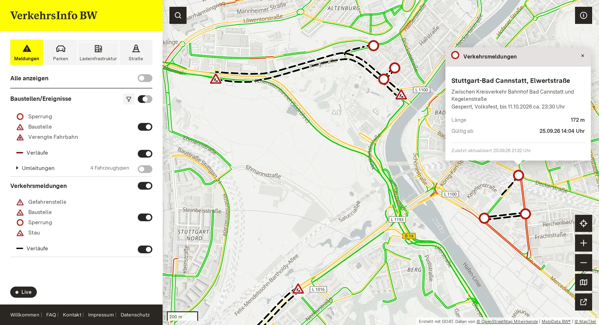 Die Karte von VerkehrsInfo BW im Oktober 2026 in Stuttgart-Bad Cannstatt, mit Sperrungen, Baustellen und Verkehrslage auf den Straßen und einer geöffneten Verkehrsmeldung zur Elwertstraße