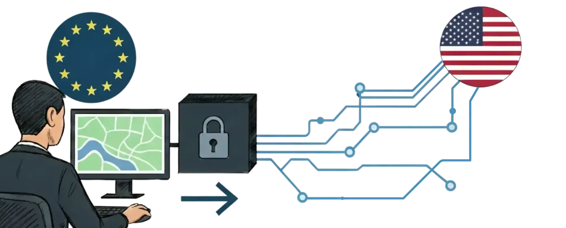 Illustration: a planner at a computer with a mapping application, next to a lock and data lines leading to an EU flag and a US flag