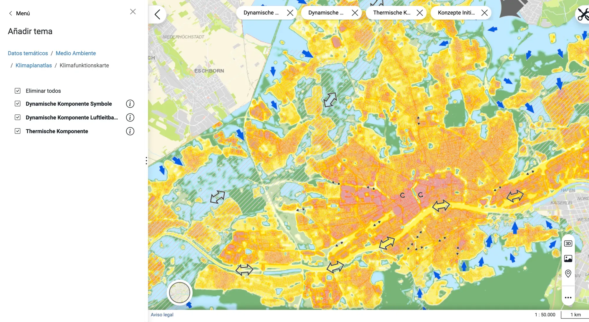 Frankfurt’s Klimaplanatlas with the Klimafunktionskarte layer, mapping heat islands and fresh air flows across the city