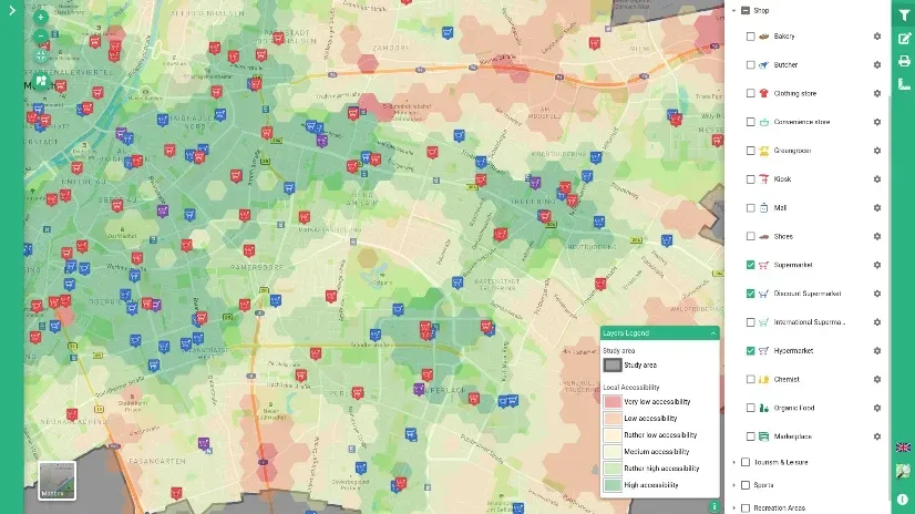 Heatmap of accessibility of different stores in
Munich