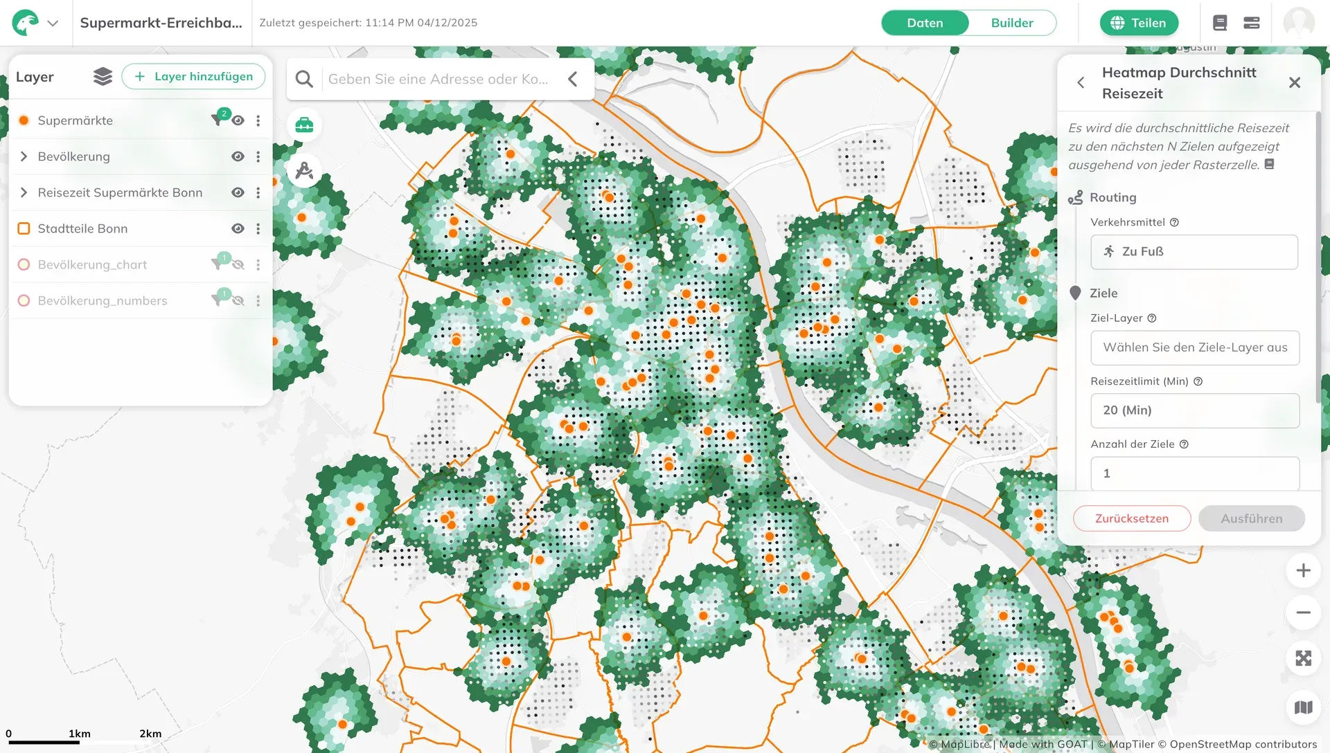 The redesigned GOAT interface with the layer list and the Heatmap Average Travel Time tool beside the map