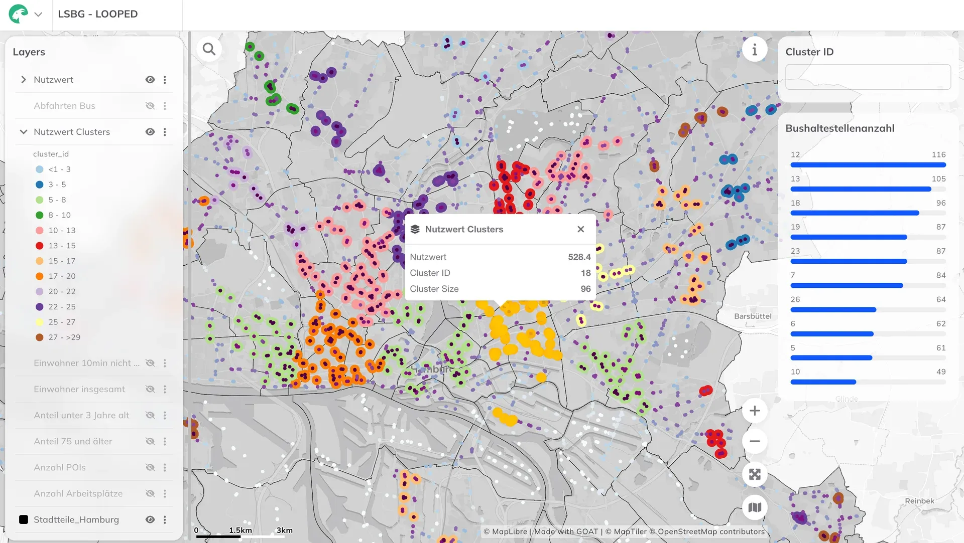 A GOAT map of the bus stops in Hamburg, coloured in clusters by utility value
