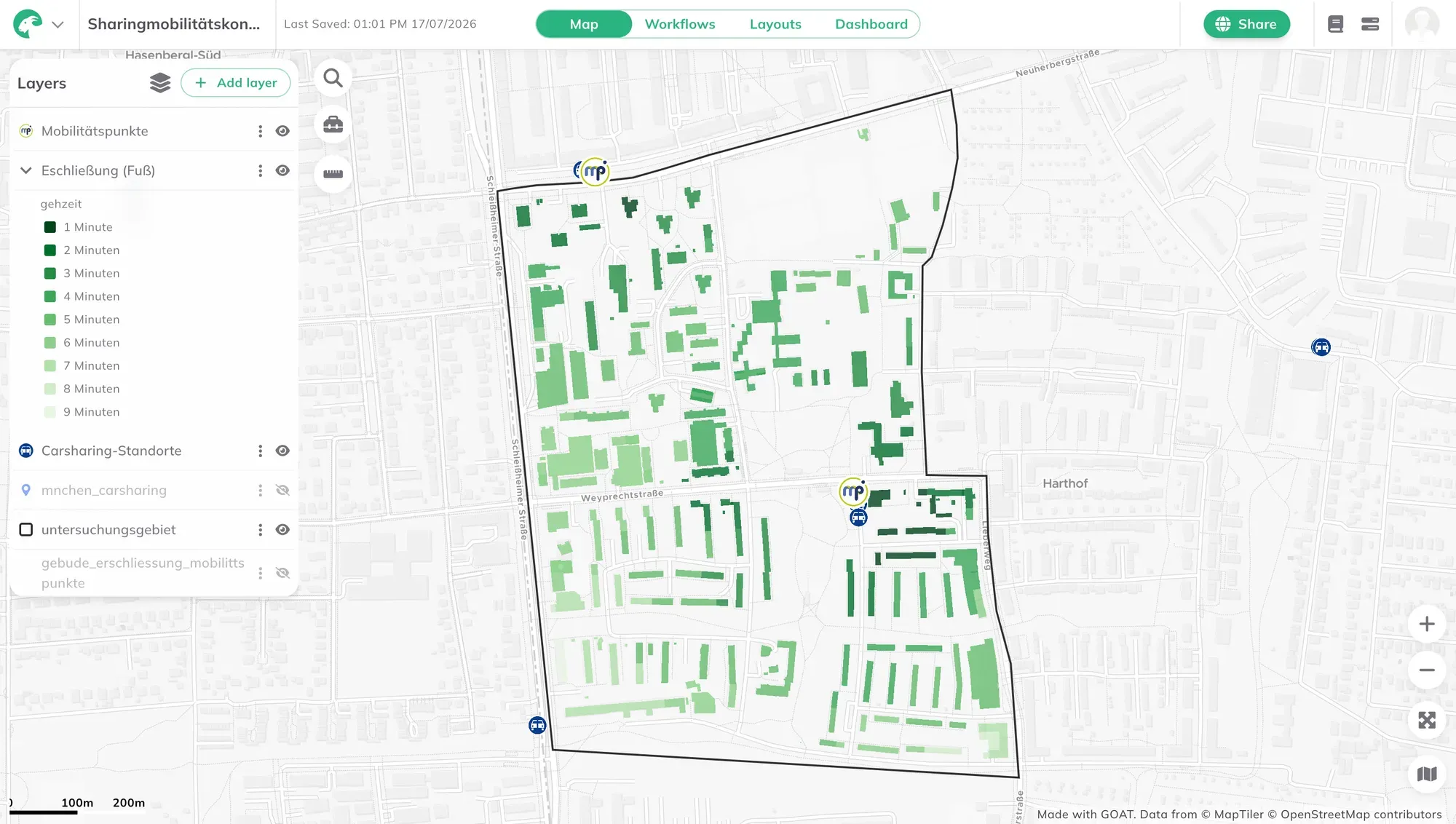 Das integrierte Sharing-Mobilitätskonzept für den Harthof, dargestellt in GOAT