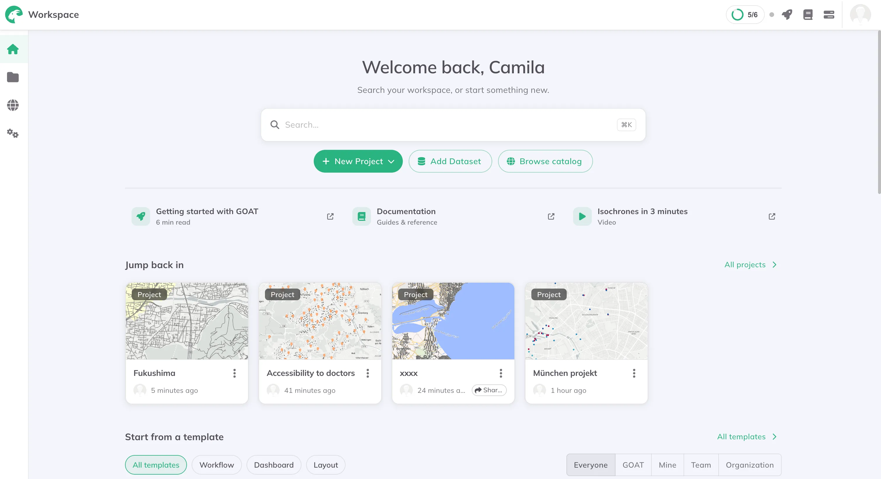 Die Startseite des GOAT-Workspace: ein Suchfeld, Schaltflächen für ein neues Projekt oder einen Datensatz und eine Reihe zuletzt bearbeiteter Projekte