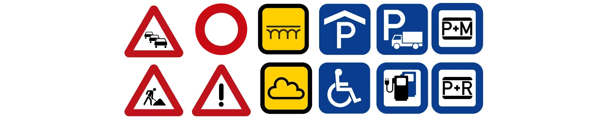 Die Symbole: rote Warndreiecke für Stau, Baustelle und Gefahrenstelle, ein roter Ring für Sperrungen, gelbe Quadrate für Brücken und Straßenwetter, und blaue Quadrate für Parkhäuser, Lkw-Parkplätze, Behindertenparkplätze, Ladestationen, Park and Ride sowie Parken und Mitfahren