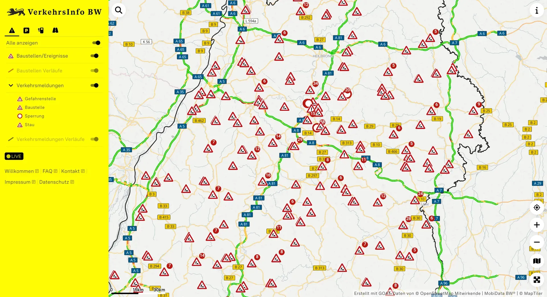 Die VerkehrsInfo BW mit Baustellen und Verkehrsmeldungen in ganz Baden-Württemberg auf einer Karte