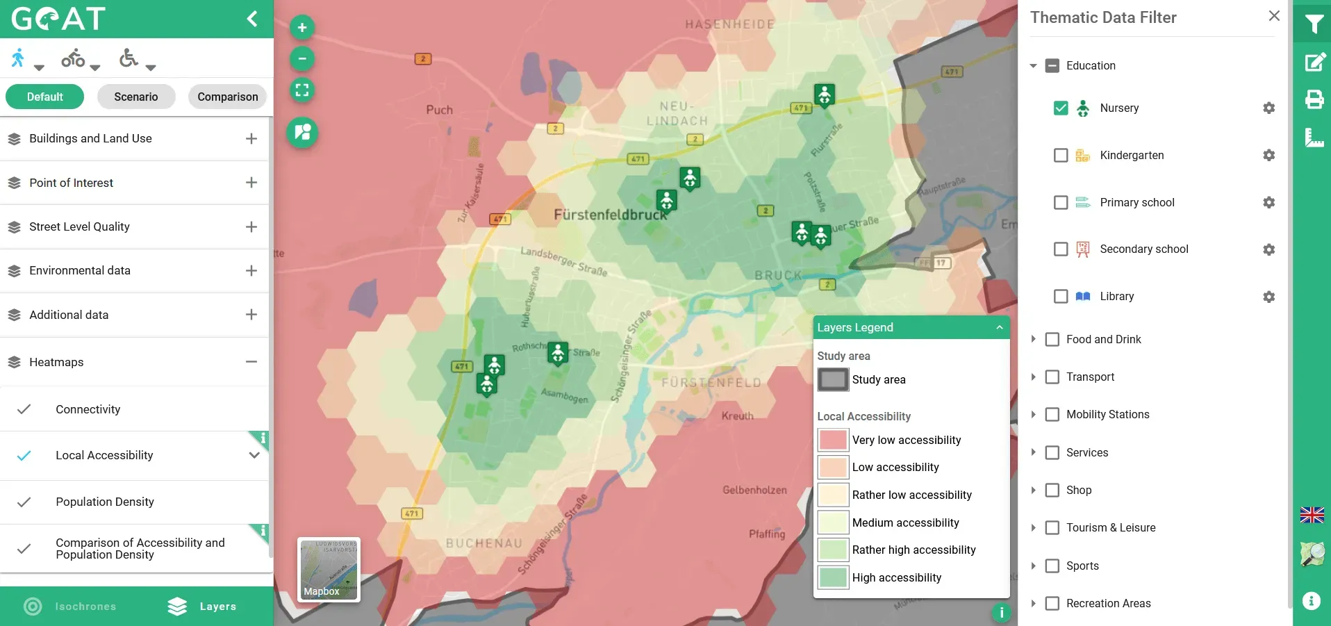 Map showing accessibility to nurseries in a district of
Munich
