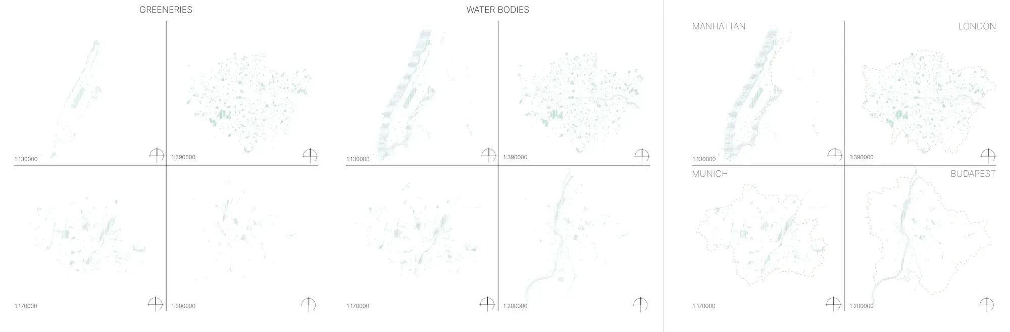 Three stripped-back map designs side by side, fine grey lines on white