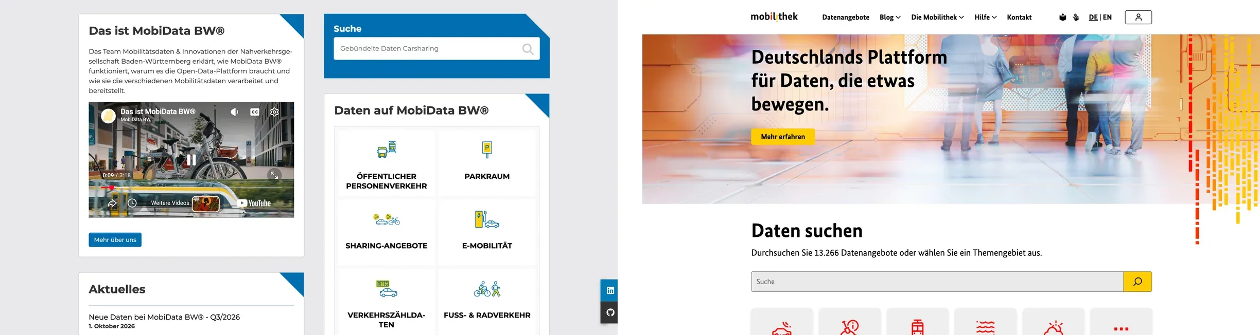 Links die Startseite von MobiData BW, rechts die der Mobilithek. MobiData BW zeigt Kacheln für die Datenthemen, die Mobilithek eine Suche über 13.266 Datenangebote