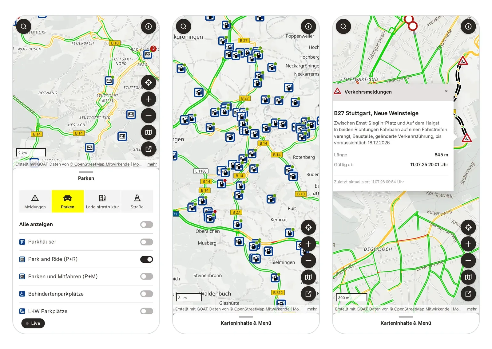 Drei Smartphone-Ansichten der aktuellen VerkehrsInfo BW: das Menü im Reiter Parken mit eingeschaltetem Park and Ride, eine Karte der Schnellladestationen rund um Stuttgart und eine Verkehrsmeldung zur B27 Neue Weinsteige in Stuttgart