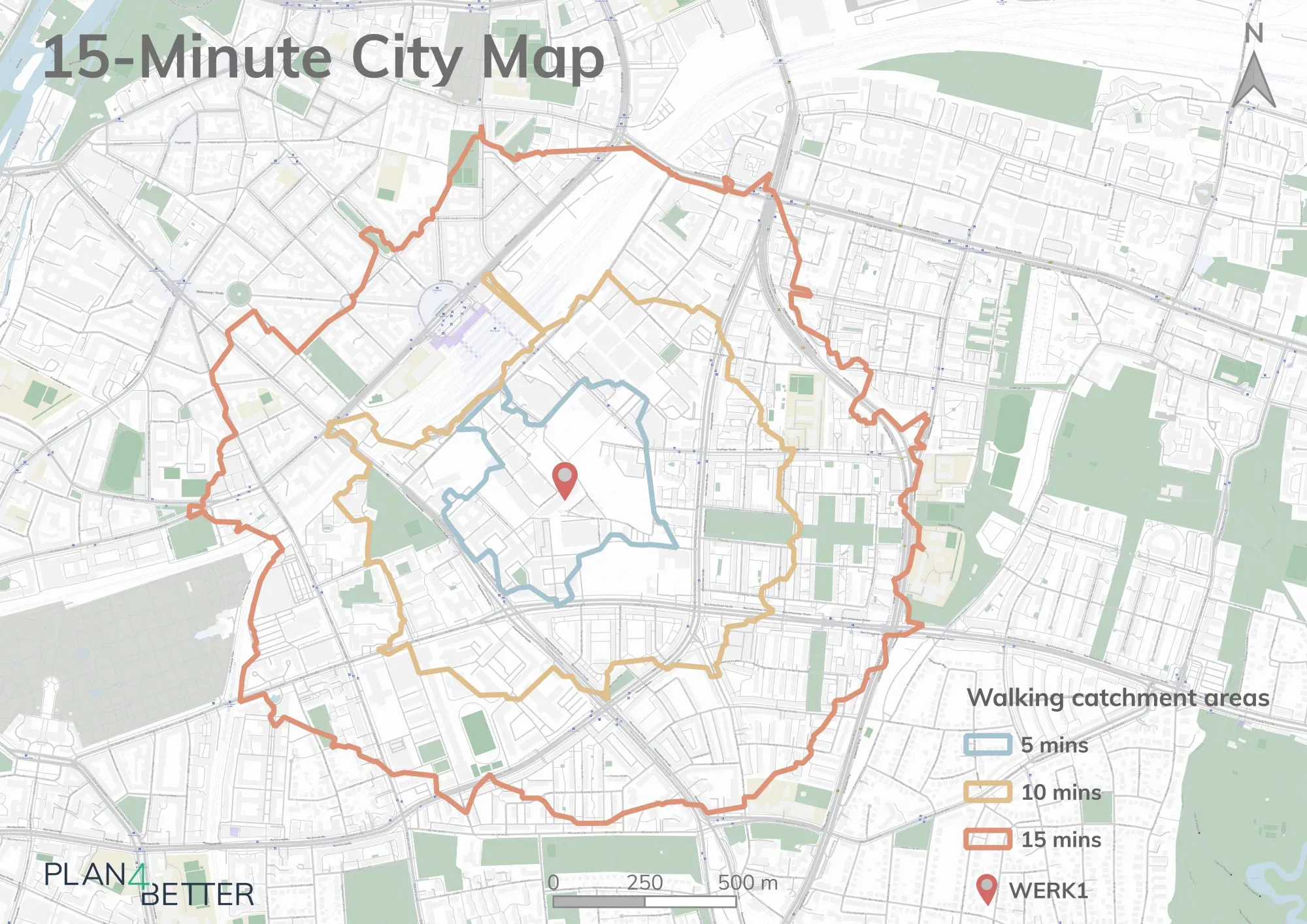 Map of 15 minute walking distance from our
office