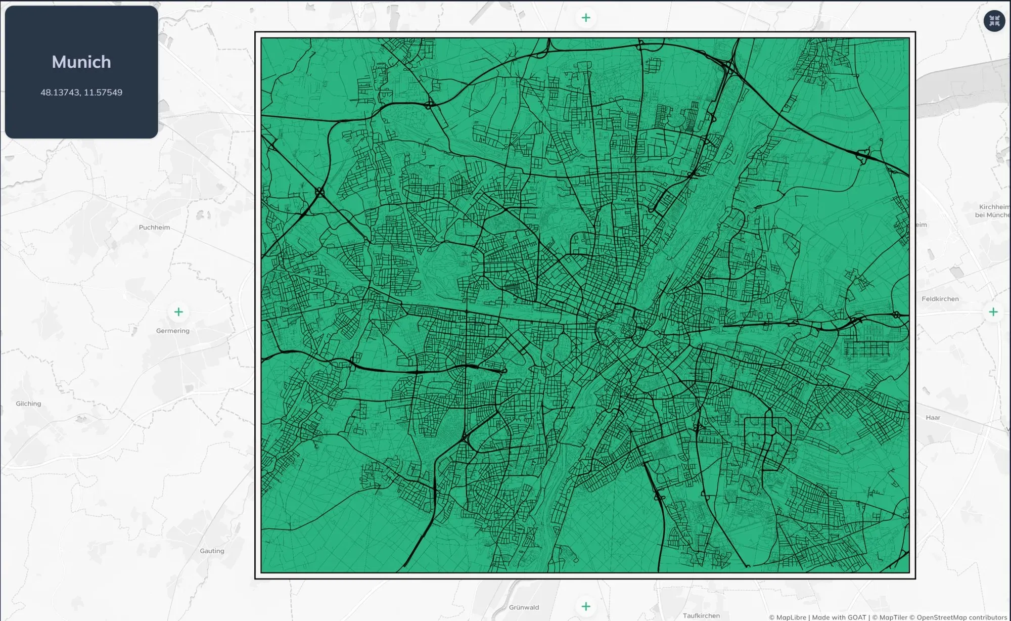 Munich’s street network from OpenStreetMap, drawn densely in green