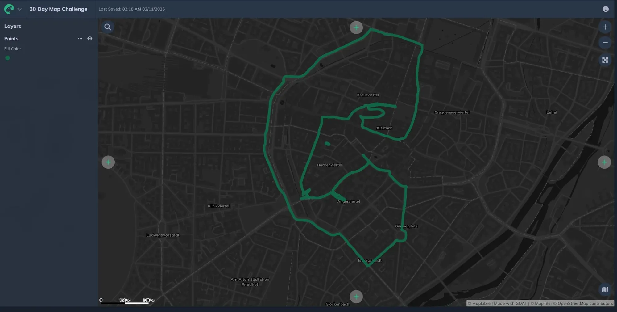 GOAT in dark mode: a hand-drawn catchment area outlined in green over the street network
