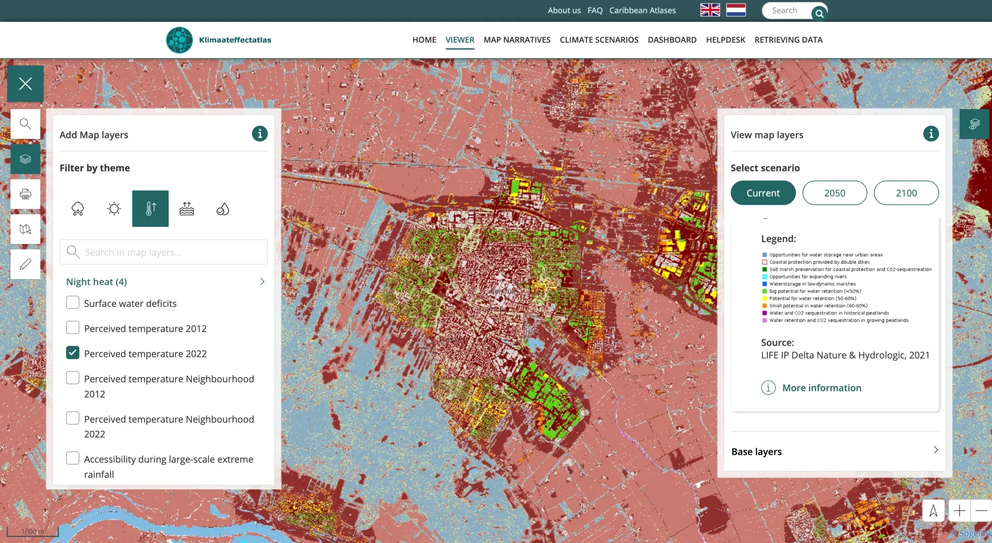 The Dutch Klimaateffectatlas viewer for one municipality, showing the heat theme