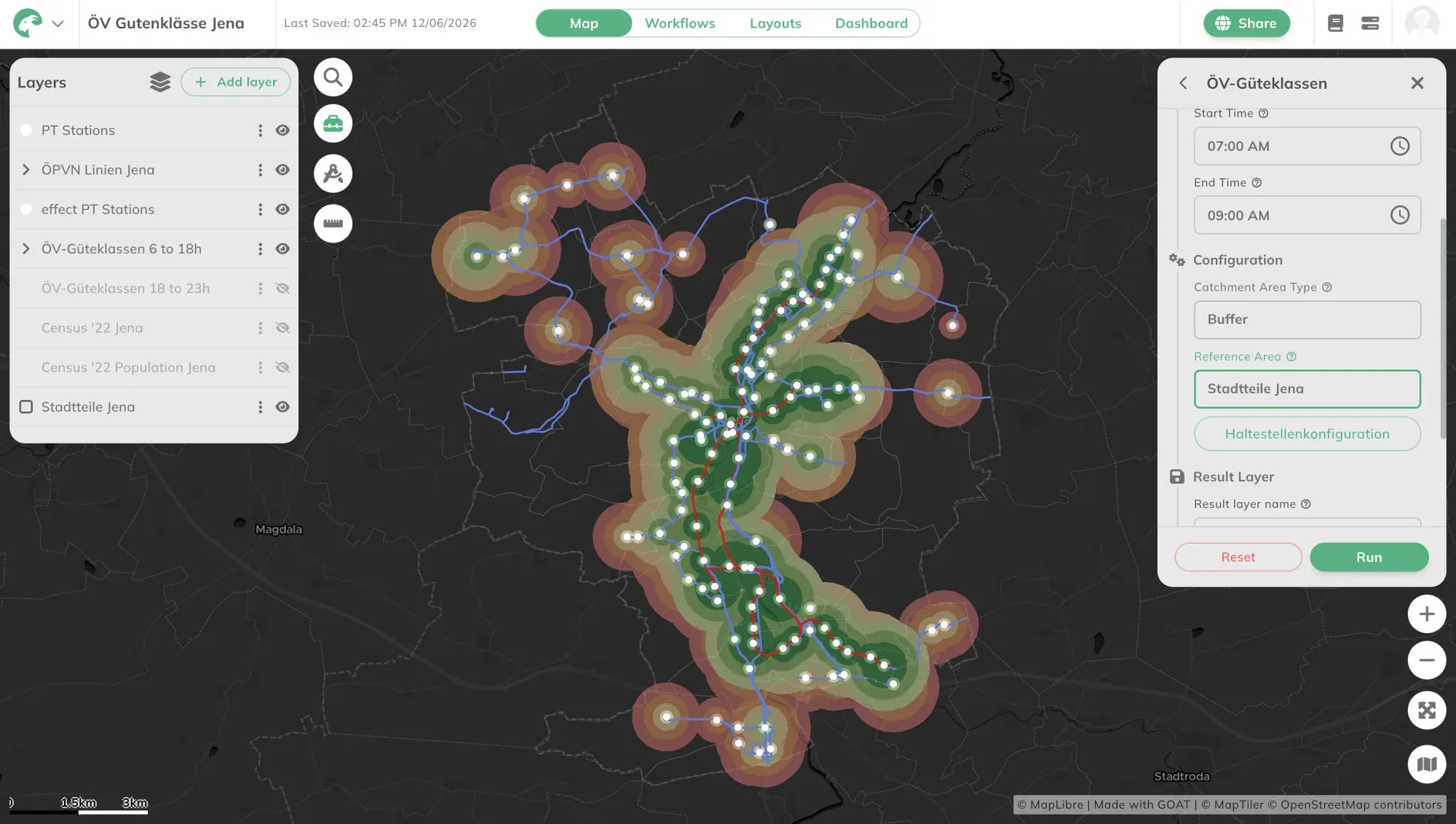 Population served by each public transport quality class in Jena