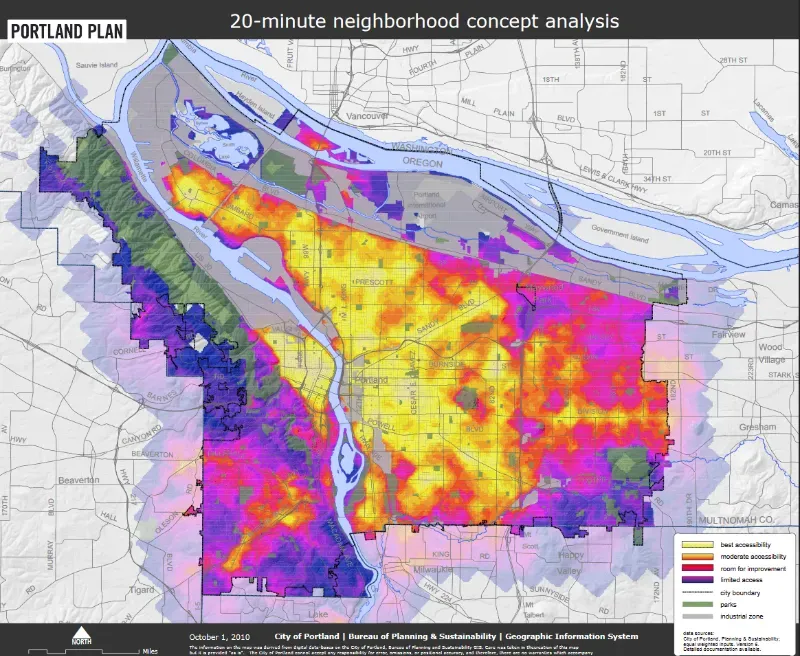 Map of the concept of a 20 minute neighborhood concept, Portland, USA,