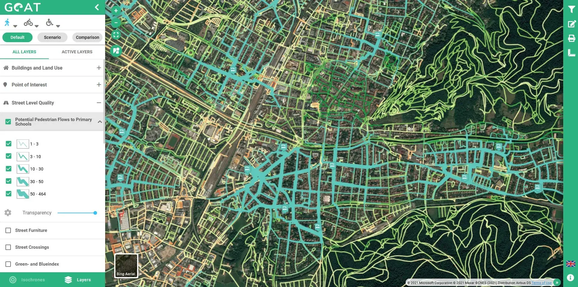 Map of the implemented potential pedestrian flows in
GOAT