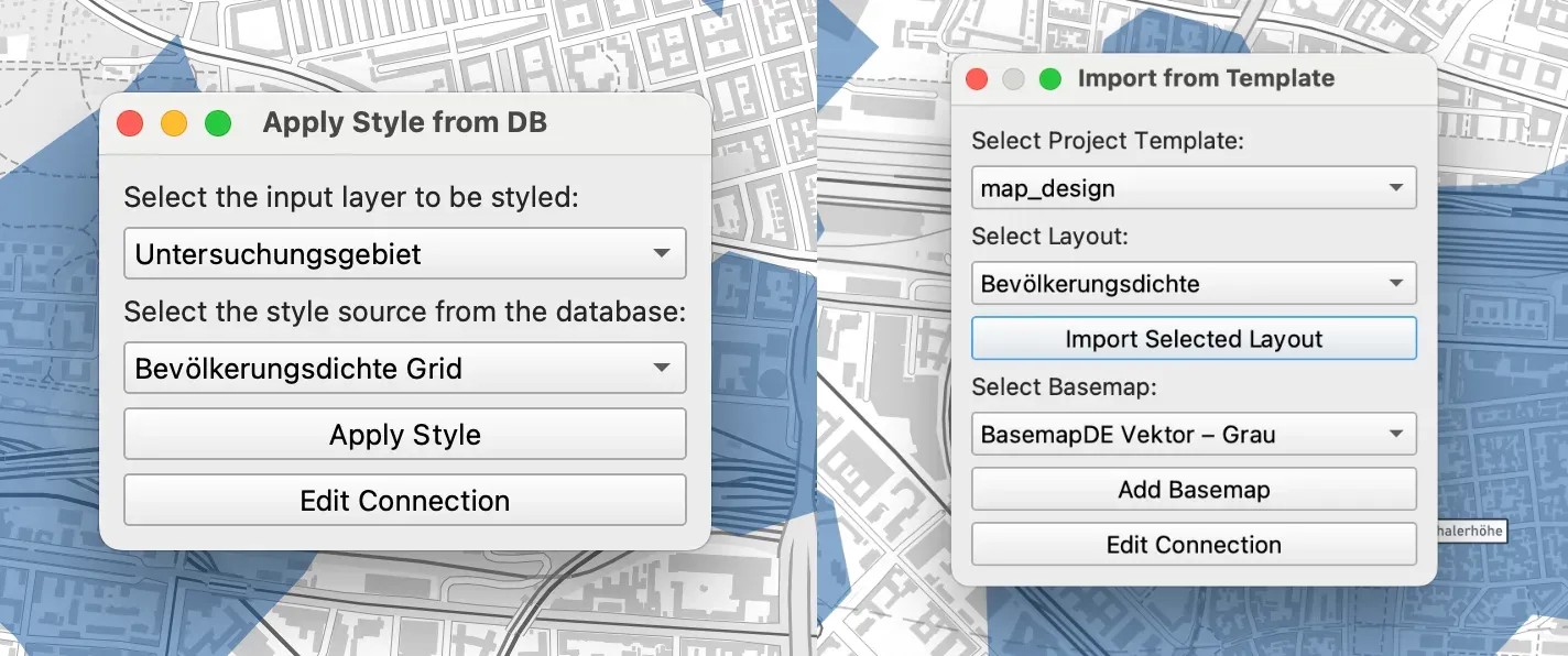 Two dialogs of a QGIS plugin: apply a style from the database and import a layout from a template