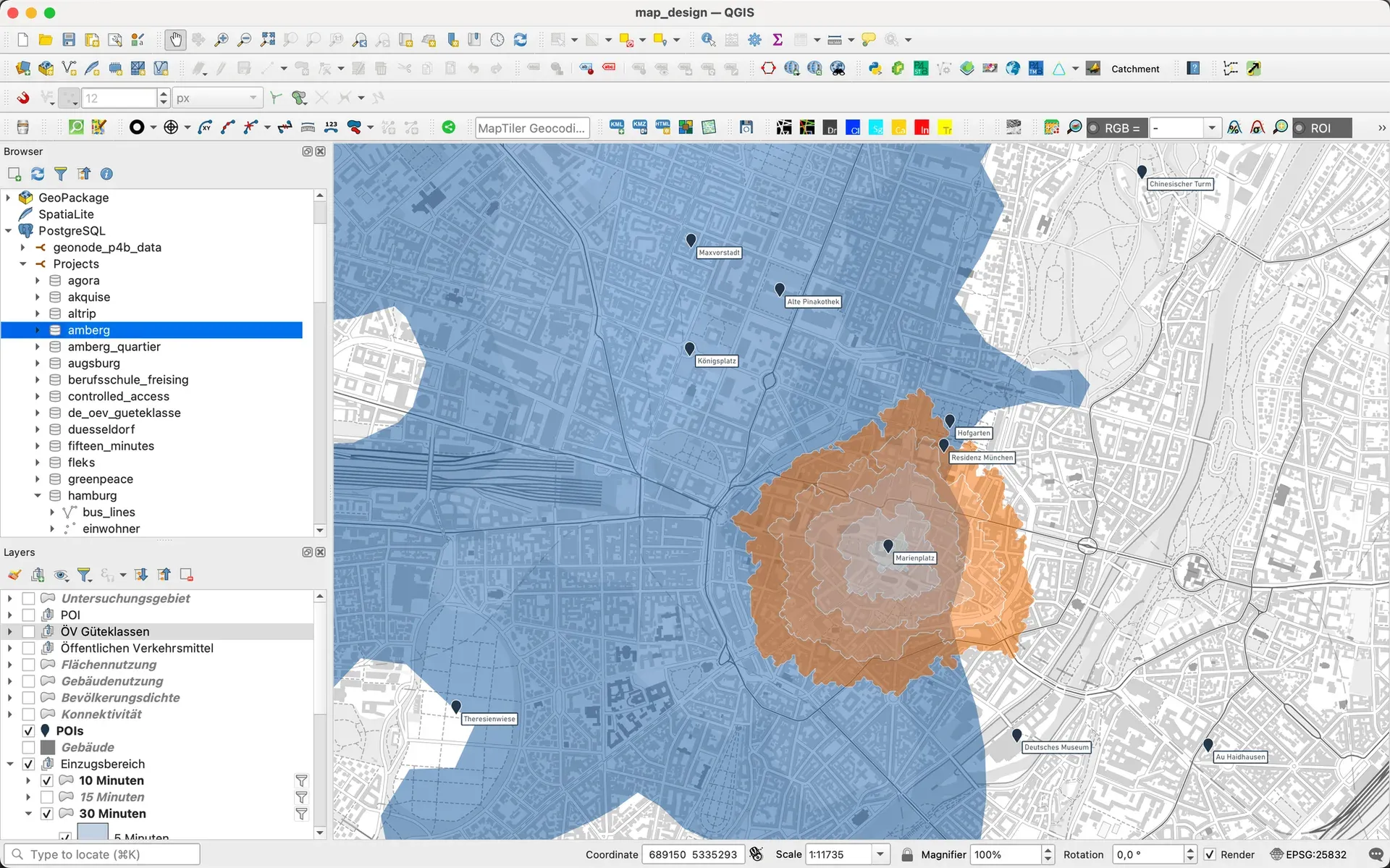 A QGIS project with the database structure on the left and a map of catchment areas in orange and blue