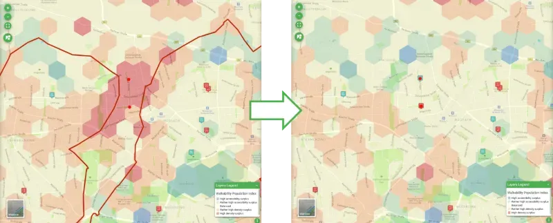 Map of a scenario showcasing the changes in accessibility in case of new
schools