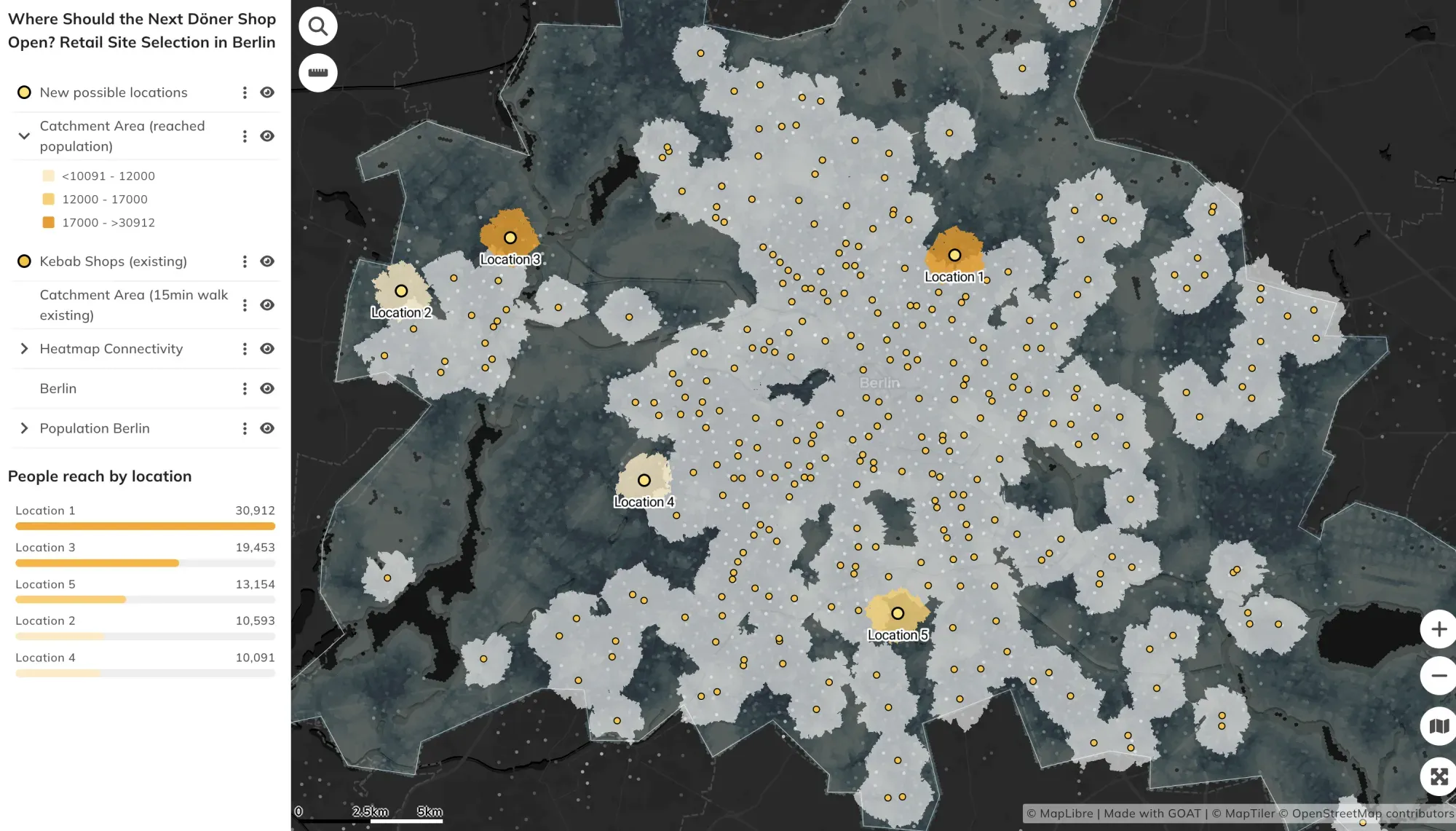 Ranked candidate sites for a new döner shop in Berlin in GOAT