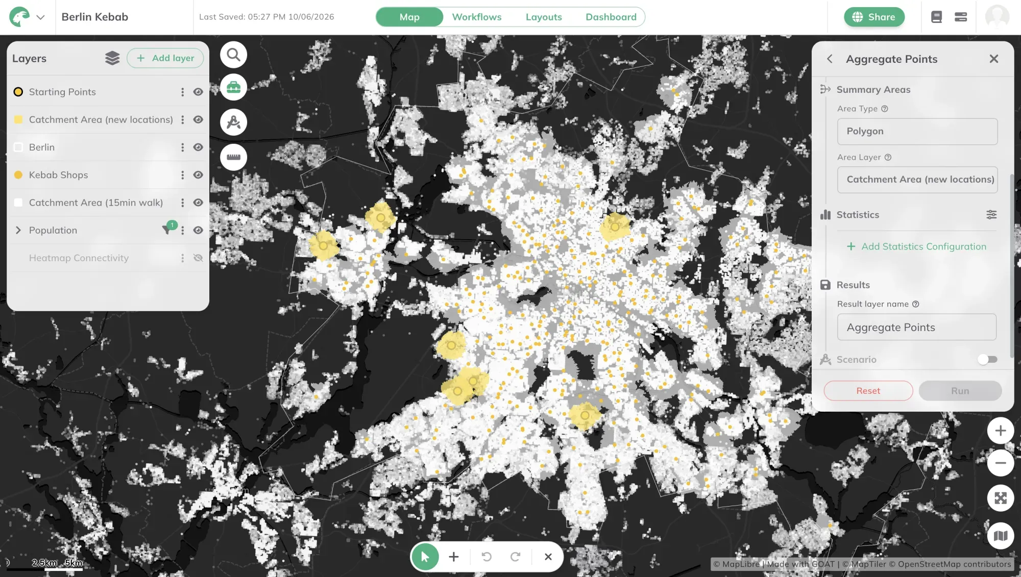 Walking catchment areas around existing and new döner shops in Berlin