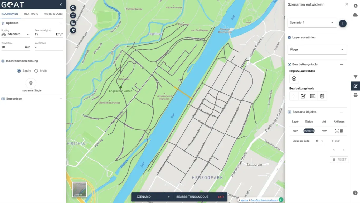 Scenario for the construction of a bicycle bridge over the Isar river next to the
English Garden in Munich