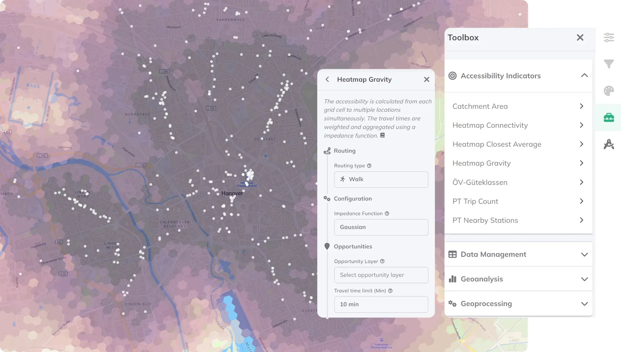 Screenshot of the GOAT Toolbox and a heatmap of Hanover in the
background