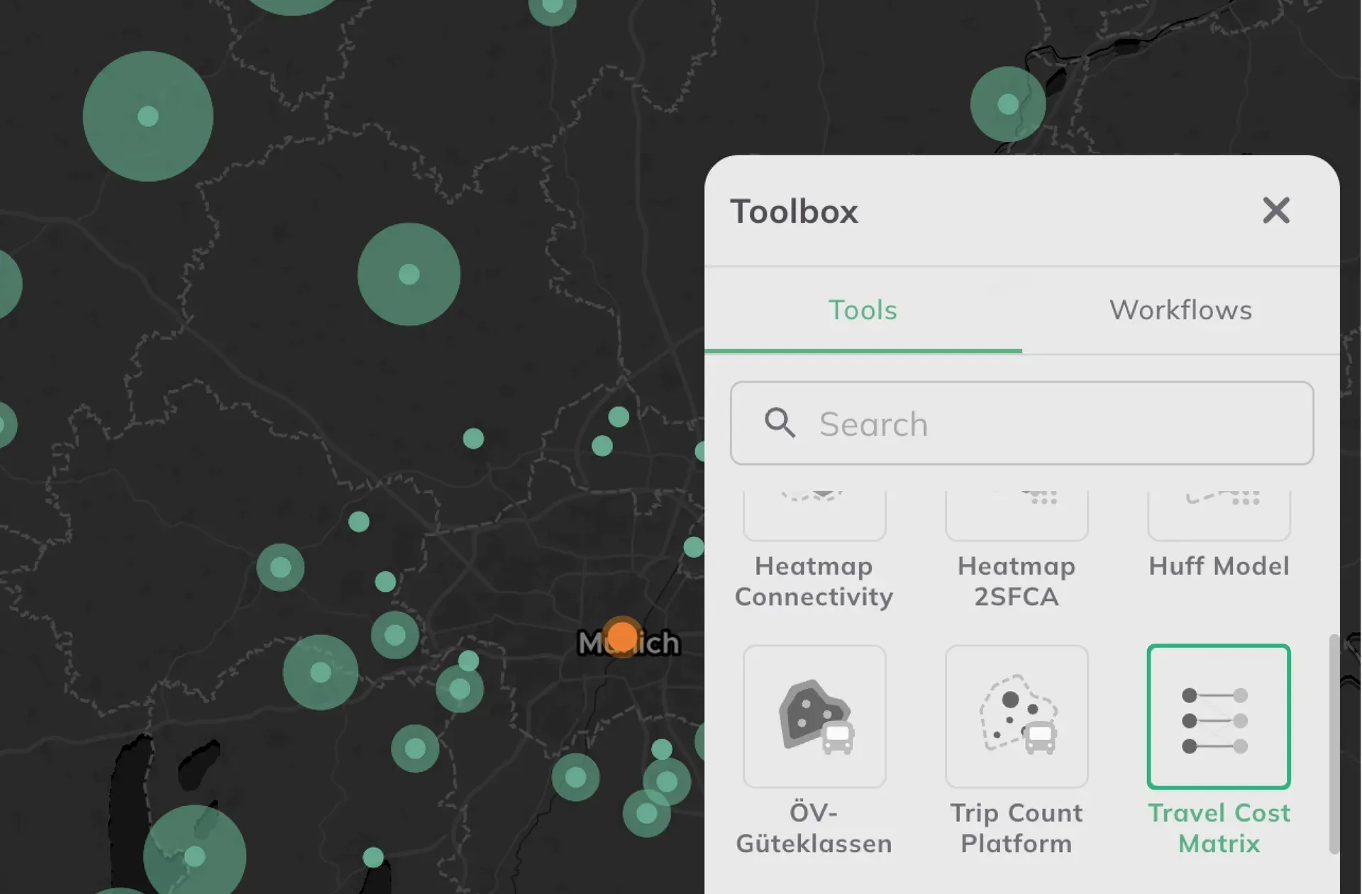 The GOAT toolbox with the Travel Cost Matrix tool highlighted, over a dark map of Munich
