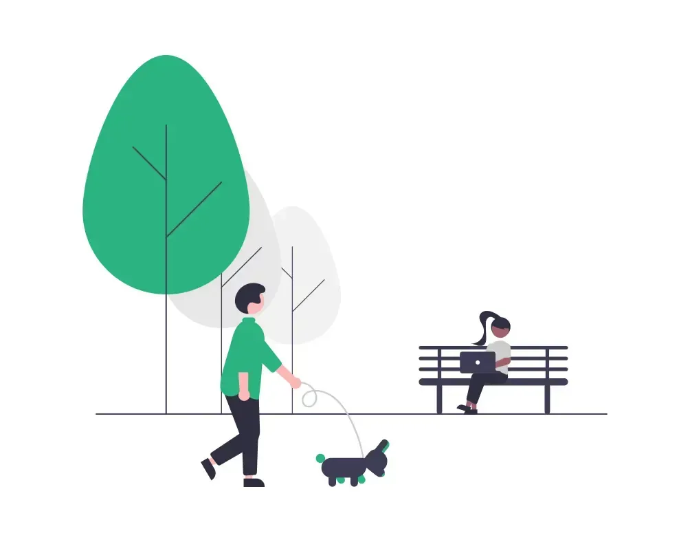 Illustration of a person walking his dog and a girl working on her laptop on a bench
in a park