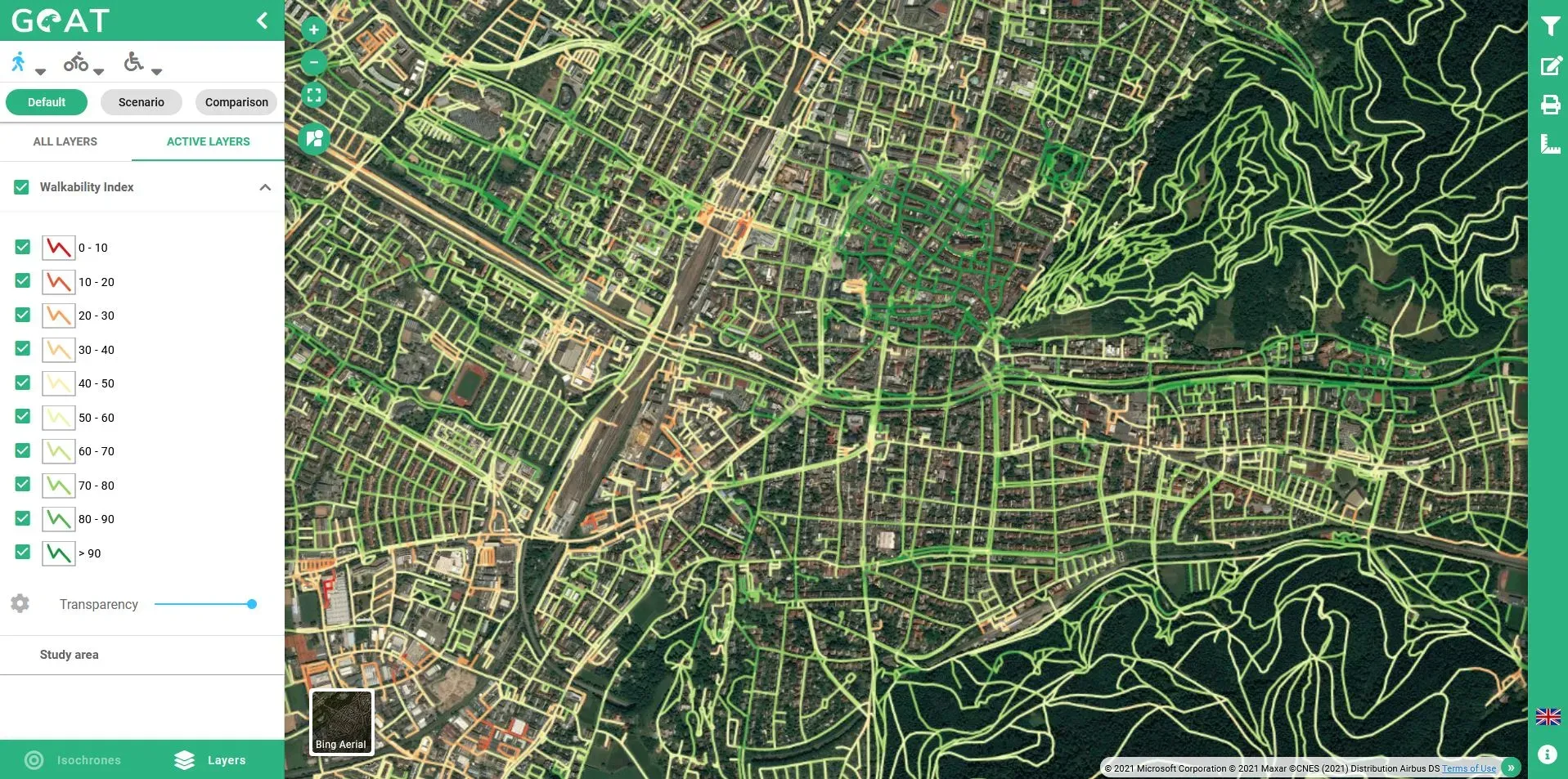 Map of the implemented walkability index in
GOAT
