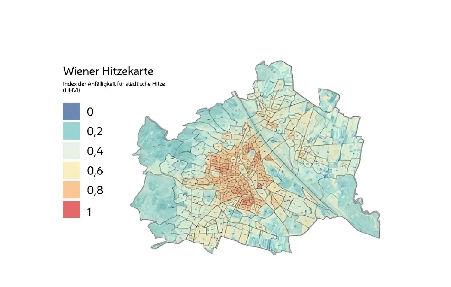 Vienna’s Hitzekarte, with the districts identified as heat areas marked out